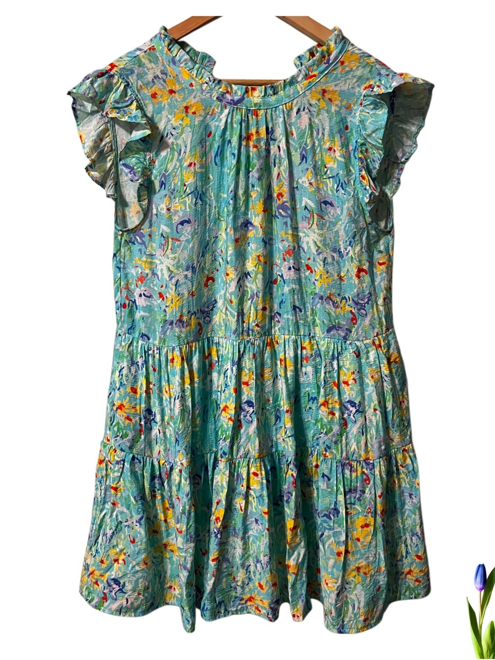 THML Aqua Floral Ruffle Sleeve Tiered Dress